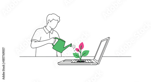 Man watering plant growing out of laptop on white desk, symbolizing technology nurturing growth and innovation in minimalist style.