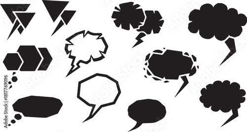 A diverse collection of black silhouette speech bubbles and jagged thought clouds for communication design elements