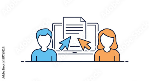 Silhouetted man and woman interact with document on laptop screen, symbolizing online collaboration and digital workflow in a modern business setting.