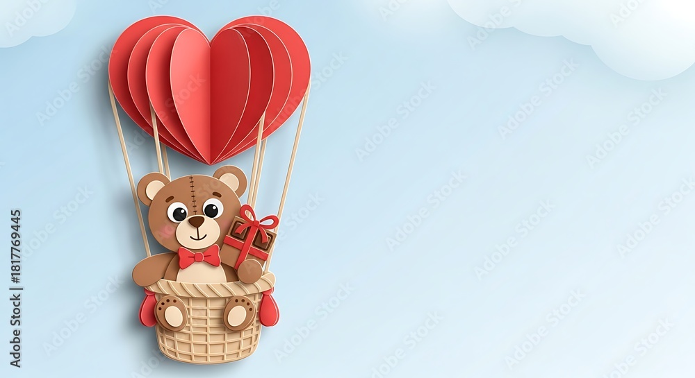 Fototapeta premium A small teddy bear sitting inside one of the heart balloon baskets, holding a chocolate gift, more character-focused but still in the same cute cut-paper style.