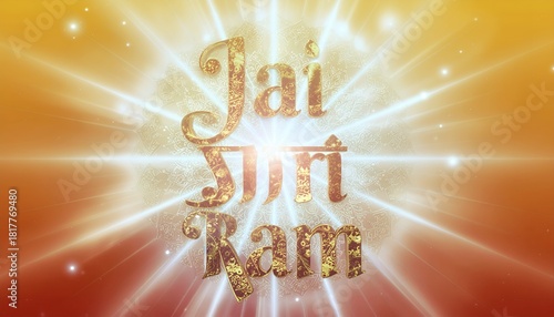 Golden Jai Shri Ram text with light rays radiates spiritual warmth, perfect for Diwali greetings and Hindu celebrations with auspicious blessings