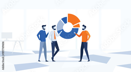 Business team analyzing pie chart in modern office, discussing financial data and growth strategies in a collaborative and professional atmosphere.