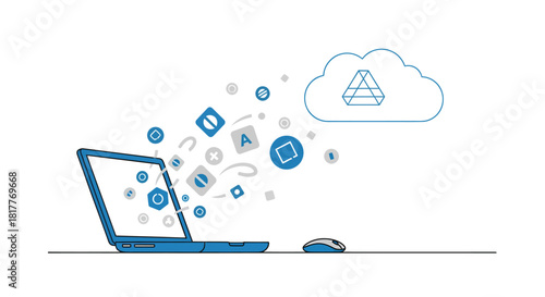 Laptop displaying cloud computing symbols against white backdrop, showcasing modern technology and connectivity in a clean, minimalist style.