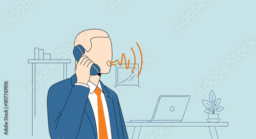 Businessman talking on the phone in his office while working on his laptop, communicating with clients and managing business deals efficiently.