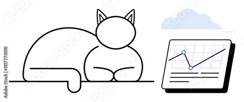 Cat resting on surface near data graph featuring trend line and cloud. Ideal for analytics, business, productivity, data science, technology, balance, strategy. Simple flat metaphor