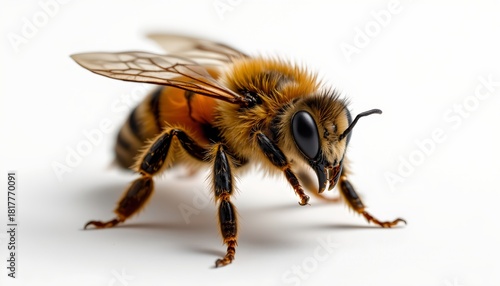 A bee standing on a white background. The bee is focused towards the left side of the frame, its body oriented in that direction