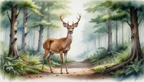 Stunning watercolor of a majestic deer standing proudly in a sun-dappled forest, perfect for nature lovers and wildlife enthusiasts
