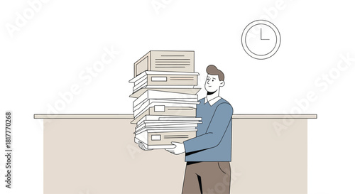Overworked businessman carrying a large stack of files in the office, feeling stressed and overwhelmed by the heavy workload, depicting a stressful work environment.