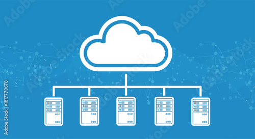 Cloud network connecting to multiple servers on blue backdrop, representing data storage and processing in modern technology era.