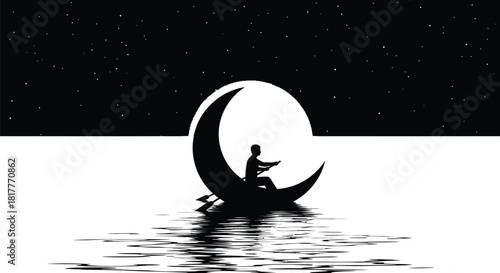 Silhouette of a person sitting on a crescent moon boat sailing on water.