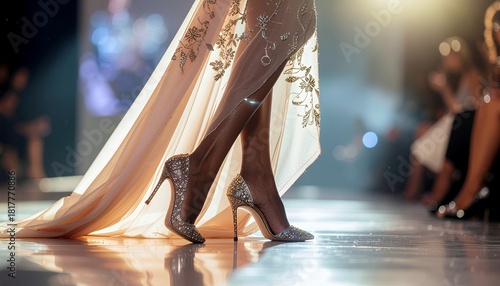 Elegant model showcases stunning gown and sparkling high heels on the radiant runway, fashion industry, luxury lifestyle, and confident style