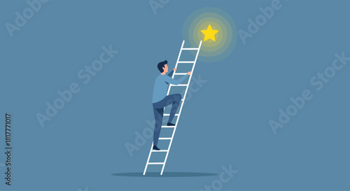 Man climbs ladder towards shining star in blue sky, symbolizing ambition and achievement of goals with determination and hope.