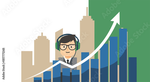 Man with headset watches rising bar chart against city skyline, symbolizing business growth and success in a modern, optimistic style.