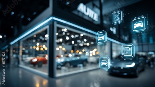 Modern Car Dealership with Futuristic Digital Interface and Automotive Icons