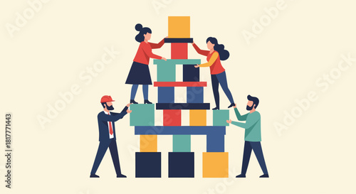 Team of people building a tower of colorful blocks in a collaborative effort, symbolizing teamwork and achievement in a positive and supportive atmosphere.