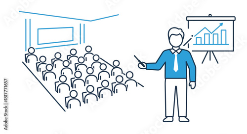 Presenter explaining growth chart to audience in conference room during business presentation, showcasing positive trends and collaborative environment.