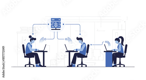 Team collaborates on laptops, connected to a central server in a modern office, showcasing teamwork and technology in a clean, minimalist style.