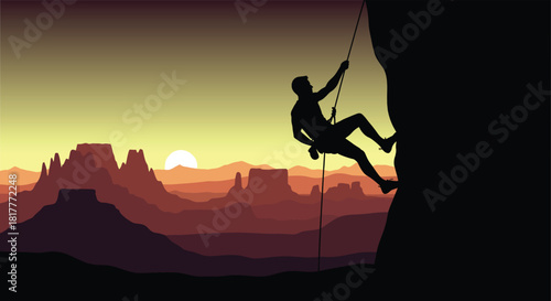 Silhouette of a rock climber ascending a steep cliff face.