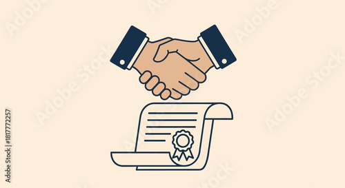 Two hands shaking above a contract on beige surface symbolizing a successful business deal with trust and partnership, agreement concept.