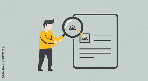 Man in yellow sweater examines document with magnifying glass, searching for details in a business setting, creating a sense of scrutiny and analysis.