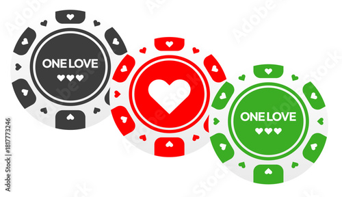 Casino Poker Chips Set. Love Themed Gambling Tokens in Black, Red and Green