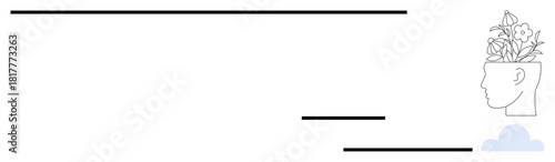 Head outline with plants sprouting symbolizes creativity, knowledge, mindfulness, and innovation. Ideal for education, mental health, personal growth, mindfulness, nature innovation simple flat