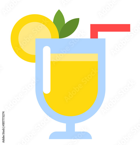 Lemon Drink. Fresh Summer Cocktail Glass with Straw and Citrus Slice
