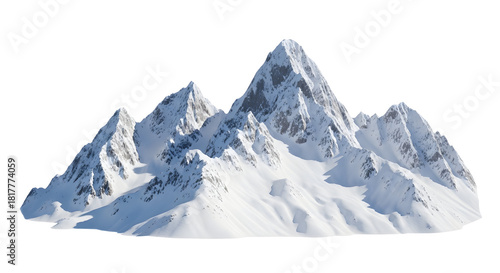 Majestic snow capped mountain range peaks illuminated by bright sunlight against a clear sky with dark rock accents and a stark transparent background for isolated nature scenes