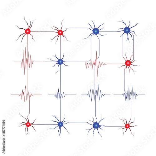 Abstract neural network connections with red and blue nodes isolated on white background