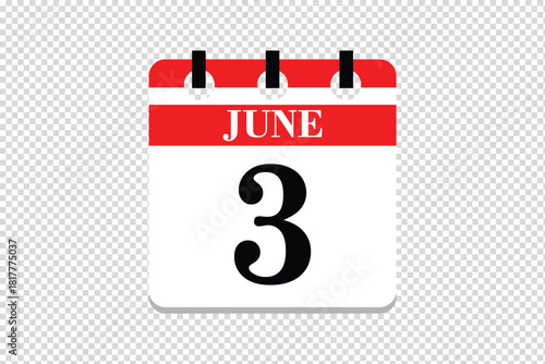 3 June Calendar icon vector, 3 dates of June month calendar icon, dates of June 3 icon calendar, vector calendar icon.
