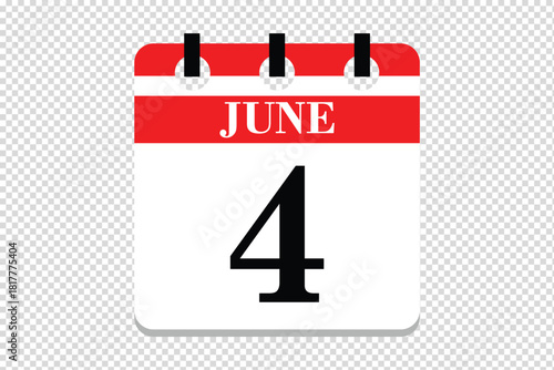 4 June Calendar icon vector, 4 dates of June month calendar icon, dates of June 4 icon calendar, vector calendar icon.