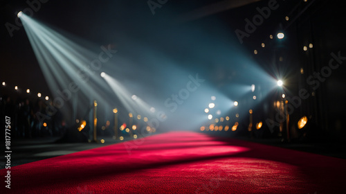Spotlights illuminate a dramatic red carpet pathway leading into a dimly lit atmospheric event venue