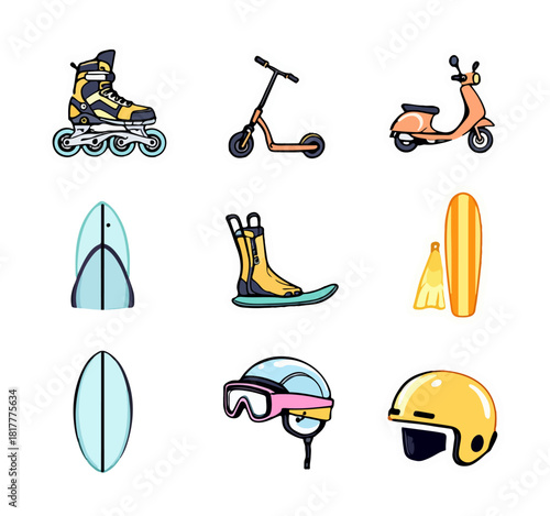 Collection of recreational transportation and sports equipment illustrations