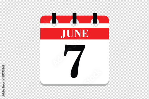 7 June Calendar icon vector, 7 dates of June month calendar icon, dates of June 7 icon calendar, vector calendar icon.