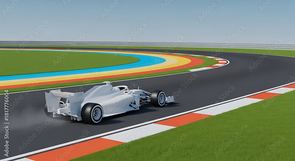 Obraz premium Sleek white racing car speeding around track on bright day, showcasing power and precision with colorful track markings, perfect for motorsport themes