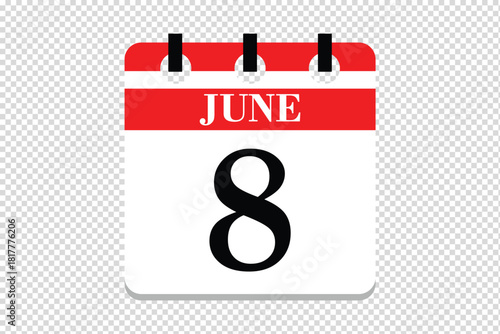 8 June Calendar icon vector, 8 dates of June month calendar icon, dates of June 8 icon calendar, vector calendar icon.