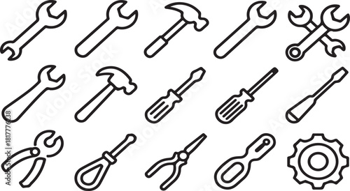 Vector outline icons of essential tools including wrenches screwdrivers hammer and pliers for home repair and maintenance concepts