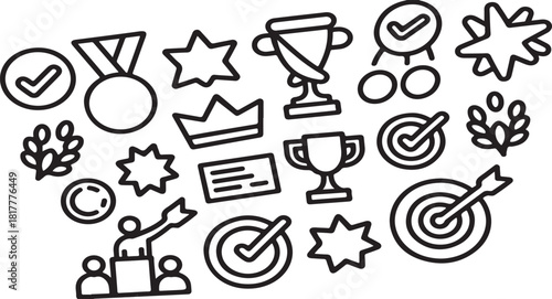 Vector outline icons illustrating success achievement awards goals and recognition concepts for business and personal growth