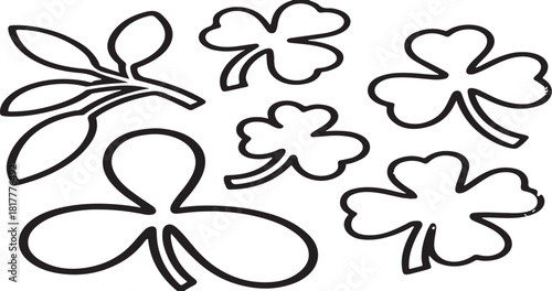 Vector outline collection displaying various leaf shapes including lucky clovers and elegant olive branches
