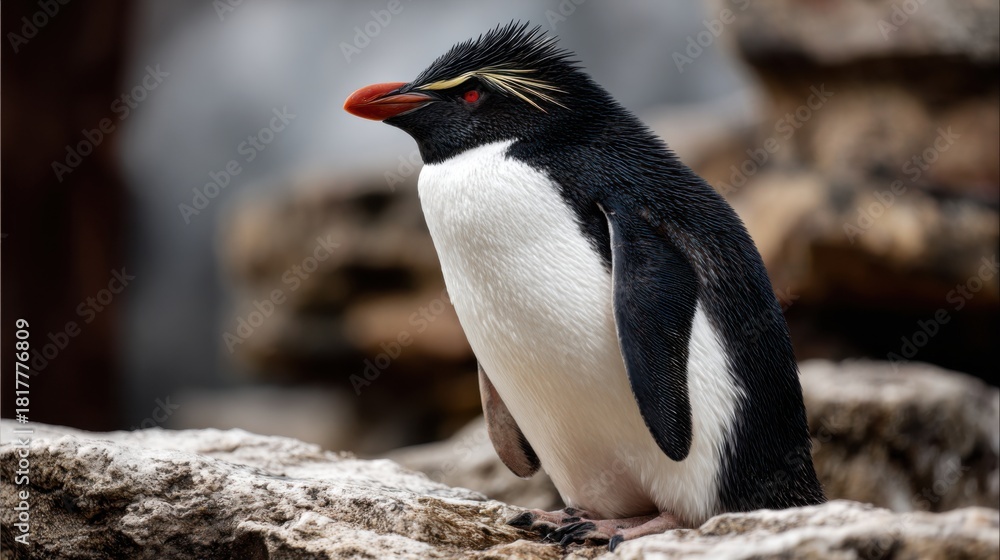 Fototapeta premium Majestic penguin perched on rocky surface with striking features