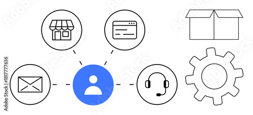 Central icon of user connecting via lines to icons of e-commerce, email, headset, web, gear, and package. Ideal for user experience, customer support, digital tools communication e-commerce