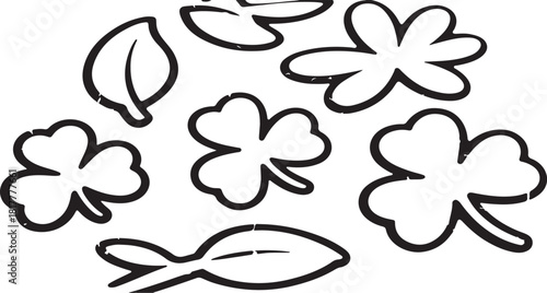 Outline vector illustration of various hand drawn leaves including three and four leaf clovers on a dark field