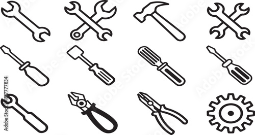 Set of 12 vector outline tool icons featuring wrenches screwdrivers hammer and pliers for repair and maintenance work