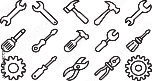 ''Outline vector icons of various hand tools and mechanical gears for repair and maintenance services''