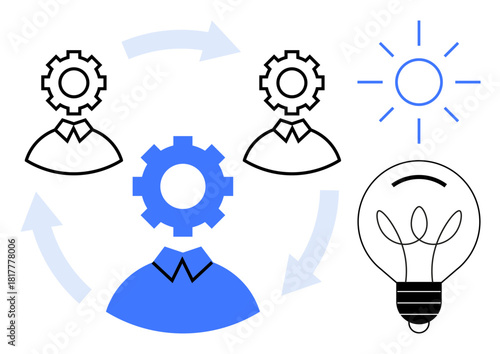 Gear-headed figures connected by arrows, radiating lightbulb, and sun symbolizing teamwork, ideas, progress, innovation, creativity, strategy and solutions. Ideal for teamwork brainstorming