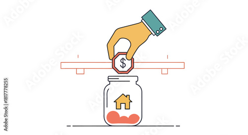Hand placing dollar coin into jar with house symbol, representing saving money for home purchase, conveying financial planning and investment success.