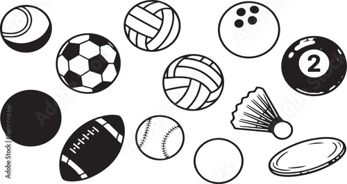 Collection of various sports balls and equipment vector outlines for athletic activities and games