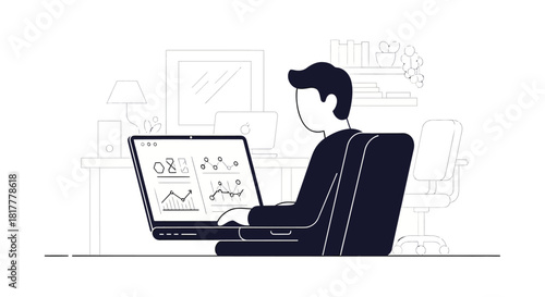 Man working on laptop at desk in minimalist office analyzing data with charts and graphs, showcasing modern work style and focus.