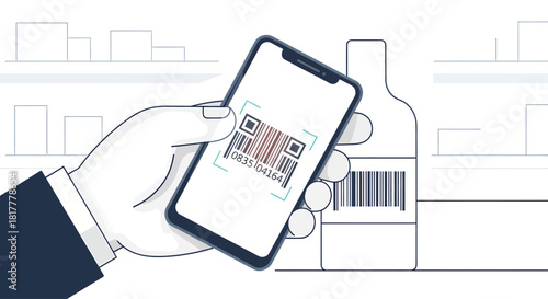 Hand scans barcode on bottle in grocery store aisle using smartphone for price check, creating a modern shopping experience.