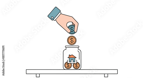 Hand putting coins into a jar with a house image, representing saving money for a home purchase on a white shelf, symbolizing financial planning and security.
